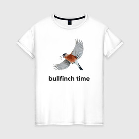 Женская футболка хлопок с принтом Bullfinch time в Екатеринбурге, 100% хлопок | прямой крой, круглый вырез горловины, длина до линии бедер, слегка спущенное плечо | bird | bullfinch | wings | летать | полет | птица | снегирь