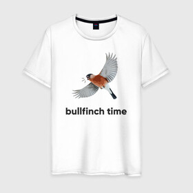 Мужская футболка хлопок с принтом Bullfinch time в Екатеринбурге, 100% хлопок | прямой крой, круглый вырез горловины, длина до линии бедер, слегка спущенное плечо. | bird | bullfinch | wings | летать | полет | птица | снегирь