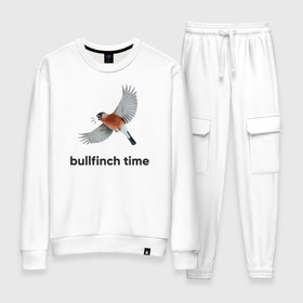 Женский костюм хлопок с принтом Bullfinch time в Екатеринбурге, 100% хлопок | на свитшоте круглая горловина, мягкая резинка по низу. Брюки заужены к низу, на них два вида карманов: два 