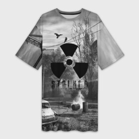 Платье-футболка 3D с принтом СТАЛКЕР ЧЕРНОБЫЛЬ в Екатеринбурге,  |  | metro | s.t.a.l.k.e.r. | stalker | ukraina | зов припяти | игра | метро | мутант | пейзаж | припять | радиация | сталкер | сталкер 2 | украина | чернобыль