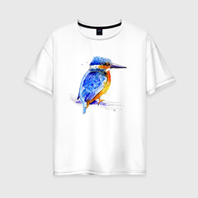 Женская футболка хлопок Oversize с принтом Kingfisher в Екатеринбурге, 100% хлопок | свободный крой, круглый ворот, спущенный рукав, длина до линии бедер
 | акварель | графика | зимородок | крутой | модный | принт | птица | птичка | рисунок | рыбак | рыболов | скетч | стильный | яркий