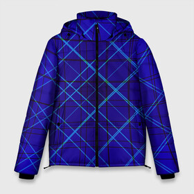 Мужская зимняя куртка 3D с принтом Сине-черная геометрия 3D в Екатеринбурге, верх — 100% полиэстер; подкладка — 100% полиэстер; утеплитель — 100% полиэстер | длина ниже бедра, свободный силуэт Оверсайз. Есть воротник-стойка, отстегивающийся капюшон и ветрозащитная планка. 

Боковые карманы с листочкой на кнопках и внутренний карман на молнии. | Тематика изображения на принте: 3d абстракция | 3d линии | 3d рисунок | геометрия | линии | пересечение линий | рисунок из линий | сине черный. | синие линии | синий на черном | черные линии