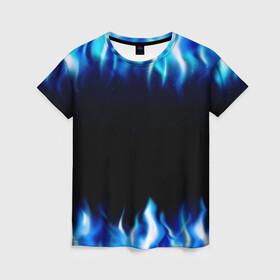 Женская футболка 3D с принтом Синий Огонь в Екатеринбурге, 100% полиэфир ( синтетическое хлопкоподобное полотно) | прямой крой, круглый вырез горловины, длина до линии бедер | абстракция | блеск | волны | дракон | дым | крутой | линии | неон | неоновый | ночь | огненный | огни | огонь | пламя | свет | синий | сияние | яркий