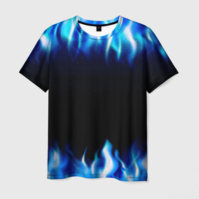 Мужская футболка 3D с принтом Синий Огонь в Екатеринбурге, 100% полиэфир | прямой крой, круглый вырез горловины, длина до линии бедер | Тематика изображения на принте: абстракция | блеск | волны | дракон | дым | крутой | линии | неон | неоновый | ночь | огненный | огни | огонь | пламя | свет | синий | сияние | яркий