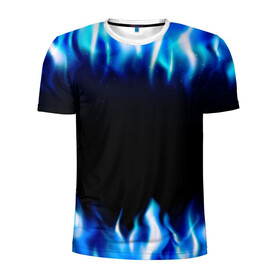 Мужская футболка 3D спортивная с принтом Синий Огонь в Екатеринбурге, 100% полиэстер с улучшенными характеристиками | приталенный силуэт, круглая горловина, широкие плечи, сужается к линии бедра | абстракция | блеск | волны | дракон | дым | крутой | линии | неон | неоновый | ночь | огненный | огни | огонь | пламя | свет | синий | сияние | яркий