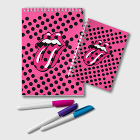 Блокнот с принтом rolling stones pink logo в Екатеринбурге, 100% бумага | 48 листов, плотность листов — 60 г/м2, плотность картонной обложки — 250 г/м2. Листы скреплены удобной пружинной спиралью. Цвет линий — светло-серый
 | Тематика изображения на принте: mick jagger | music | rock | rolling stones | музыка | рок