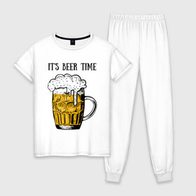 Женская пижама хлопок с принтом Its beer time в Екатеринбурге, 100% хлопок | брюки и футболка прямого кроя, без карманов, на брюках мягкая резинка на поясе и по низу штанин | beer | beer time | its beer time | надпись