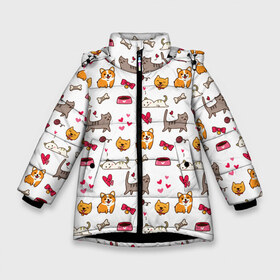 Зимняя куртка для девочек 3D с принтом Домашние питомцы в Екатеринбурге, ткань верха — 100% полиэстер; подклад — 100% полиэстер, утеплитель — 100% полиэстер. | длина ниже бедра, удлиненная спинка, воротник стойка и отстегивающийся капюшон. Есть боковые карманы с листочкой на кнопках, утяжки по низу изделия и внутренний карман на молнии. 

Предусмотрены светоотражающий принт на спинке, радужный светоотражающий элемент на пуллере молнии и на резинке для утяжки. | cat | cats | corgi | dog | kitten | друг | корги | кот | котенок | котики | коты | котята | котятки | кошки | лапа | лапки | лапы | пёс | питомец | питомцы | псы | собака | собаки | собачки