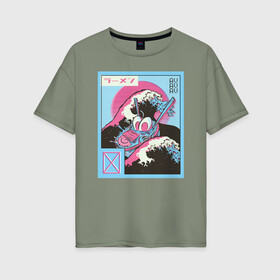 Женская футболка хлопок Oversize с принтом Ретро Рамэн в Екатеринбурге, 100% хлопок | свободный крой, круглый ворот, спущенный рукав, длина до линии бедер
 | Тематика изображения на принте: glitch | noodle | ramen | retro | vaporwave | wave | глитч | лапша | рамэн | ретро