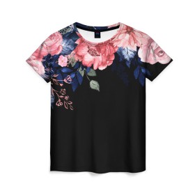 Женская футболка 3D с принтом цветы на черном в Екатеринбурге, 100% полиэфир ( синтетическое хлопкоподобное полотно) | прямой крой, круглый вырез горловины, длина до линии бедер | 3d | big picture | красиво | прикольные картинки | цветы