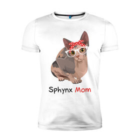 Мужская футболка хлопок Slim с принтом Мама сфинкса в Екатеринбурге, 92% хлопок, 8% лайкра | приталенный силуэт, круглый вырез ворота, длина до линии бедра, короткий рукав | кот | кошка | очки | сфинкс