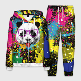 Мужской костюм 3D с принтом Панда хипстер в брызгах краски в Екатеринбурге, 100% полиэстер | Манжеты и пояс оформлены тканевой резинкой, двухслойный капюшон со шнурком для регулировки, карманы спереди | Тематика изображения на принте: hipster | panda | брызги | в очках | краска | краски | красок | крутая | милая | модная | очки | панда | показывает язык | пятна | хипстер | экспрессионизм | язык | яркая | яркие