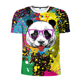 Мужская футболка 3D спортивная с принтом Панда хипстер в брызгах краски в Екатеринбурге, 100% полиэстер с улучшенными характеристиками | приталенный силуэт, круглая горловина, широкие плечи, сужается к линии бедра | Тематика изображения на принте: hipster | panda | брызги | в очках | краска | краски | красок | крутая | милая | модная | очки | панда | показывает язык | пятна | хипстер | экспрессионизм | язык | яркая | яркие