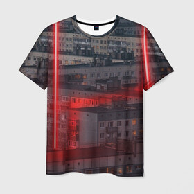 Мужская футболка 3D с принтом Neon in the city в Екатеринбурге, 100% полиэфир | прямой крой, круглый вырез горловины, длина до линии бедер | Тематика изображения на принте: city | light | lights | neon | red | ussr | город | неон | россия | ссср | тлен