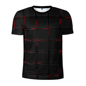 Мужская футболка 3D спортивная с принтом 3D Плиты Red & Black в Екатеринбурге, 100% полиэстер с улучшенными характеристиками | приталенный силуэт, круглая горловина, широкие плечи, сужается к линии бедра | 3d | 3д | 3д полосы | led | led подсветка | красночерный | красный | полосы | свет | свечение | текстуры | черно красный | черный