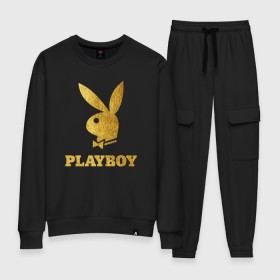 Женский костюм хлопок с принтом PLAYBOY GOLD в Екатеринбурге, 100% хлопок | на свитшоте круглая горловина, мягкая резинка по низу. Брюки заужены к низу, на них два вида карманов: два 