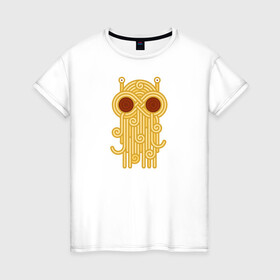 Женская футболка хлопок с принтом The flying spaghetti monster в Екатеринбурге, 100% хлопок | прямой крой, круглый вырез горловины, длина до линии бедер, слегка спущенное плечо | food | fsm | monster | ежа | лапша | монстр | паста