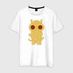 Мужская футболка хлопок с принтом The flying spaghetti monster в Екатеринбурге, 100% хлопок | прямой крой, круглый вырез горловины, длина до линии бедер, слегка спущенное плечо. | food | fsm | monster | ежа | лапша | монстр | паста