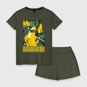Женская пижама с шортиками хлопок с принтом BANANATOR в Екатеринбурге, 100% хлопок | футболка прямого кроя, шорты свободные с широкой мягкой резинкой | Тематика изображения на принте: банан | босс | дизайн | еда | желтый | подарок | стиль | терминатор