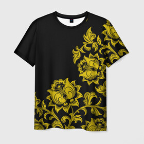 Мужская футболка 3D с принтом Золотая хохлома в Екатеринбурге, 100% полиэфир | прямой крой, круглый вырез горловины, длина до линии бедер | бесконечный | бесшовный | жёлтый | завиток | золото | линия | лист | орнамент | повторение | позолоченный | природа | растение | роспись | русский | узор | цветок | чёрный | элемент
