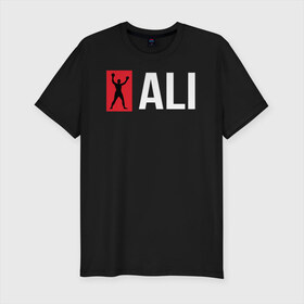 Мужская футболка премиум с принтом ALI в Екатеринбурге, 92% хлопок, 8% лайкра | приталенный силуэт, круглый вырез ворота, длина до линии бедра, короткий рукав | ali | boxer | boxing | fighting | muhammad | muhammed | али | мухаммед