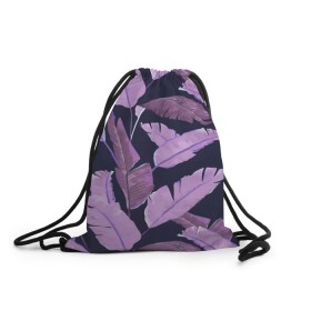 Рюкзак-мешок 3D с принтом Tropical leaves 4 purple в Екатеринбурге, 100% полиэстер | плотность ткани — 200 г/м2, размер — 35 х 45 см; лямки — толстые шнурки, застежка на шнуровке, без карманов и подкладки | Тематика изображения на принте: leaves | palms. тропические | tropical | листья | пальмы
