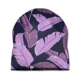 Шапка 3D с принтом Tropical leaves 4 purple в Екатеринбурге, 100% полиэстер | универсальный размер, печать по всей поверхности изделия | leaves | palms. тропические | tropical | листья | пальмы