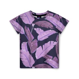 Детская футболка 3D с принтом Tropical leaves 4 purple в Екатеринбурге, 100% гипоаллергенный полиэфир | прямой крой, круглый вырез горловины, длина до линии бедер, чуть спущенное плечо, ткань немного тянется | Тематика изображения на принте: leaves | palms. тропические | tropical | листья | пальмы