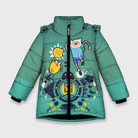 Зимняя куртка для девочек 3D с принтом Финн и Джейк в Екатеринбурге, ткань верха — 100% полиэстер; подклад — 100% полиэстер, утеплитель — 100% полиэстер. | длина ниже бедра, удлиненная спинка, воротник стойка и отстегивающийся капюшон. Есть боковые карманы с листочкой на кнопках, утяжки по низу изделия и внутренний карман на молнии. 

Предусмотрены светоотражающий принт на спинке, радужный светоотражающий элемент на пуллере молнии и на резинке для утяжки. | vdpartat | время приключений | финн и джейк