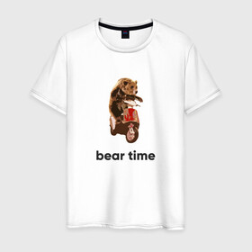Мужская футболка хлопок с принтом Bear time в Екатеринбурге, 100% хлопок | прямой крой, круглый вырез горловины, длина до линии бедер, слегка спущенное плечо. | bear | bear time | bike | moto | motorbike | motorcycle | scooter | медведь | миша | мишка | мопед | мото | мотоцикл