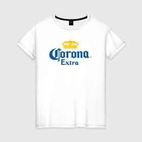 Женская футболка хлопок с принтом Corona Extra Коронавирус в Екатеринбурге, 100% хлопок | прямой крой, круглый вырез горловины, длина до линии бедер, слегка спущенное плечо | beer | corona | corona virus | coronavirus | virus | вирус | корона | коронавирус