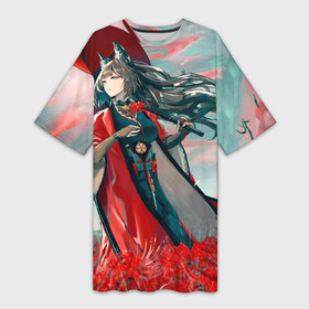 Платье-футболка 3D с принтом Azur Lane red flowers в Екатеринбурге,  |  | amagi | anime | art | azur | digital | girl | lane | аниме | арт | девушка | зонт | небо