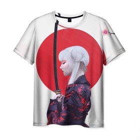 Мужская футболка 3D с принтом Самурай в Екатеринбурге, 100% полиэфир | прямой крой, круглый вырез горловины, длина до линии бедер | Тематика изображения на принте: воин | рисунок | сакура | самурай. девушка