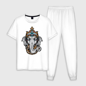 Мужская пижама хлопок с принтом Ганеш в Екатеринбурге, 100% хлопок | брюки и футболка прямого кроя, без карманов, на брюках мягкая резинка на поясе и по низу штанин
 | Тематика изображения на принте: ganesh | ganesha | tai | thai | благополучие | бог | ганеш | ганеша | индия | мудрость | пхра пиканет | слон | слоноголовый | тай | тайланд | удача | успех | шива