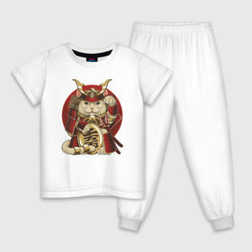 Детская пижама хлопок с принтом Кот Самурай в Екатеринбурге, 100% хлопок |  брюки и футболка прямого кроя, без карманов, на брюках мягкая резинка на поясе и по низу штанин
 | cat | japan | ronin | samurai | воин | кот | котик | котэ | няшка | ронин | рыцарь | самурай | шлем | япония