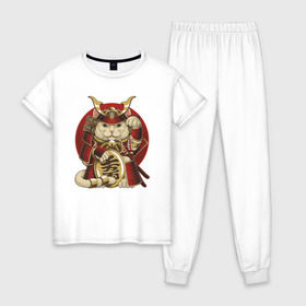 Женская пижама хлопок с принтом Кот Самурай в Екатеринбурге, 100% хлопок | брюки и футболка прямого кроя, без карманов, на брюках мягкая резинка на поясе и по низу штанин | cat | japan | ronin | samurai | воин | кот | котик | котэ | няшка | ронин | рыцарь | самурай | шлем | япония