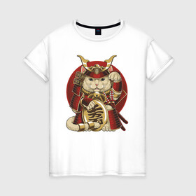 Женская футболка хлопок с принтом Кот Самурай в Екатеринбурге, 100% хлопок | прямой крой, круглый вырез горловины, длина до линии бедер, слегка спущенное плечо | cat | japan | ronin | samurai | воин | кот | котик | котэ | няшка | ронин | рыцарь | самурай | шлем | япония