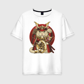 Женская футболка хлопок Oversize с принтом Кот Самурай в Екатеринбурге, 100% хлопок | свободный крой, круглый ворот, спущенный рукав, длина до линии бедер
 | cat | japan | ronin | samurai | воин | кот | котик | котэ | няшка | ронин | рыцарь | самурай | шлем | япония