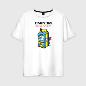 Женская футболка хлопок Oversize с принтом Eminem Juice WRLD Godzilla в Екатеринбурге, 100% хлопок | свободный крой, круглый ворот, спущенный рукав, длина до линии бедер
 | 100 сок | eminem | godzilla | juice | juice wrld | logo | music | rap | альбом | годзилла | джус | джюс | лейбл | лирика | лирический | лого | логотип | рэп | сок | трубочка | эминем