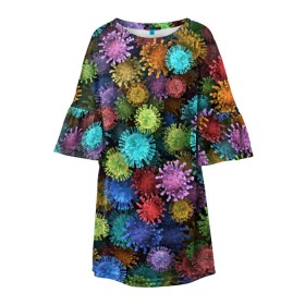 Детское платье 3D с принтом Разноцветные вирусы в Екатеринбурге, 100% полиэстер | прямой силуэт, чуть расширенный к низу. Круглая горловина, на рукавах — воланы | coronavirus | virus | вирус | врач | доктор | инфекция | коронавирус | медицина | паттерн | радуга