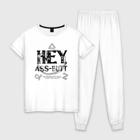 Женская пижама хлопок с принтом Hey, Ass-Butt в Екатеринбурге, 100% хлопок | брюки и футболка прямого кроя, без карманов, на брюках мягкая резинка на поясе и по низу штанин | supernatural | vdzabma | сверхъестественное