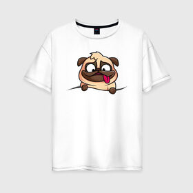 Женская футболка хлопок Oversize с принтом Мопс в Екатеринбурге, 100% хлопок | свободный крой, круглый ворот, спущенный рукав, длина до линии бедер
 | pug | милые создания | мопс | пес | рисунок | собака | собачка | щенок | щенок мопс