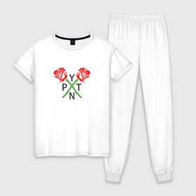 Женская пижама хлопок с принтом PAYTON MOORMEIER (НА СПИНЕ) в Екатеринбурге, 100% хлопок | брюки и футболка прямого кроя, без карманов, на брюках мягкая резинка на поясе и по низу штанин | flower | payton moormeier | roses | tiktok | блогер | пейтон | пейтон моормиер | розы | тикток | тиктокер | цветы | ютубер