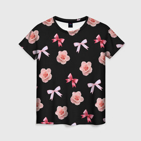 Женская футболка 3D с принтом Бантики и розочки в Екатеринбурге, 100% полиэфир ( синтетическое хлопкоподобное полотно) | прямой крой, круглый вырез горловины, длина до линии бедер | doodling | textures | tiles | атлас | бант | дудлинг | лента | роза | розовый | тайлы | текстуры | фон | цветок