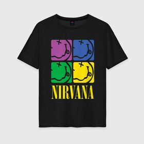 Женская футболка хлопок Oversize с принтом NIRVANA в Екатеринбурге, 100% хлопок | свободный крой, круглый ворот, спущенный рукав, длина до линии бедер
 | american | cobain | grunge | nirvana | punk | rock | vusic | америка | гранж | кобэйн | музыка | нирвана | панк | рок | смайлик