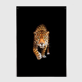 Постер с принтом Ягуар в Екатеринбурге, 100% бумага
 | бумага, плотность 150 мг. Матовая, но за счет высокого коэффициента гладкости имеет небольшой блеск и дает на свету блики, но в отличии от глянцевой бумаги не покрыта лаком | animal | art | black | cat | hunter | jaguar | leopard | арт | гепард | голова | животное | животные | зверь | клыки | кот | кошка | леопард | охотник | темнота | хищник | ягуар
