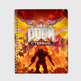 Тетрадь с принтом DOOM Eternal в Екатеринбурге, 100% бумага | 48 листов, плотность листов — 60 г/м2, плотность картонной обложки — 250 г/м2. Листы скреплены сбоку удобной пружинной спиралью. Уголки страниц и обложки скругленные. Цвет линий — светло-серый
 | doom eternal | esport | game | дорога в ад | дум | дум энтернал | игра | кибердемон | киберспорт | тир