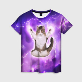 Женская футболка 3D с принтом Повелитель Молний | Котэ в Екатеринбурге, 100% полиэфир ( синтетическое хлопкоподобное полотно) | прямой крой, круглый вырез горловины, длина до линии бедер | cat | cats | kitten | kitty | memes | nice | punk | rain | yoga | грозы | дождь | йога | кот | котик | котики | котэ | кошка | медитация | мем | мемы | милая | милый | молнии | панк | приколы | рок | рэп | трэш