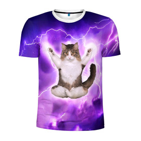 Мужская футболка 3D спортивная с принтом Повелитель Молний | Котэ в Екатеринбурге, 100% полиэстер с улучшенными характеристиками | приталенный силуэт, круглая горловина, широкие плечи, сужается к линии бедра | cat | cats | kitten | kitty | memes | nice | punk | rain | yoga | грозы | дождь | йога | кот | котик | котики | котэ | кошка | медитация | мем | мемы | милая | милый | молнии | панк | приколы | рок | рэп | трэш