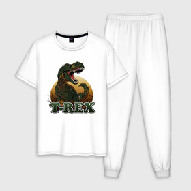 Мужская пижама хлопок с принтом T-Rex в Екатеринбурге, 100% хлопок | брюки и футболка прямого кроя, без карманов, на брюках мягкая резинка на поясе и по низу штанин
 | Тематика изображения на принте: dino | dinosaurs | t rex | trex | вымирание | дино | динозавр | зубы | ледниковый | ледниковый период | мамонт | опасность | оскал | пасть | т рекс | ти рекс | тирекс | хвост | холод | чешуя